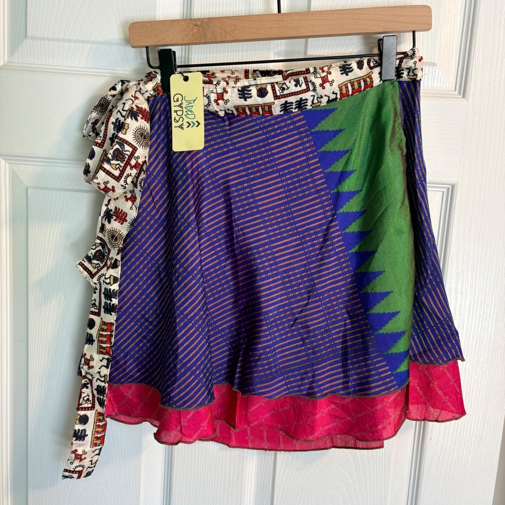 Jaded Gypsy Short Wrap Skirt Free Size Multicolor Sari Boho Reversible